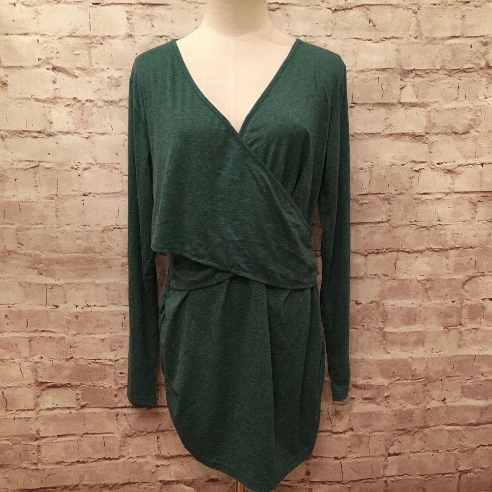 Glampunch Maternity Nursing Top Green Heather Ruched Long Sleeve Jersey Knit XL